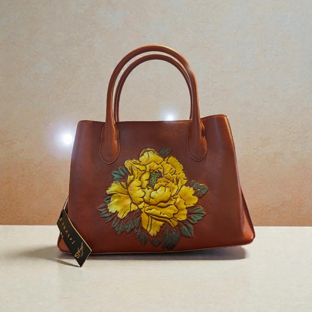 BNWT Sharif Brown Leather Purse with Raised Yellow Flower W/Dust Bag